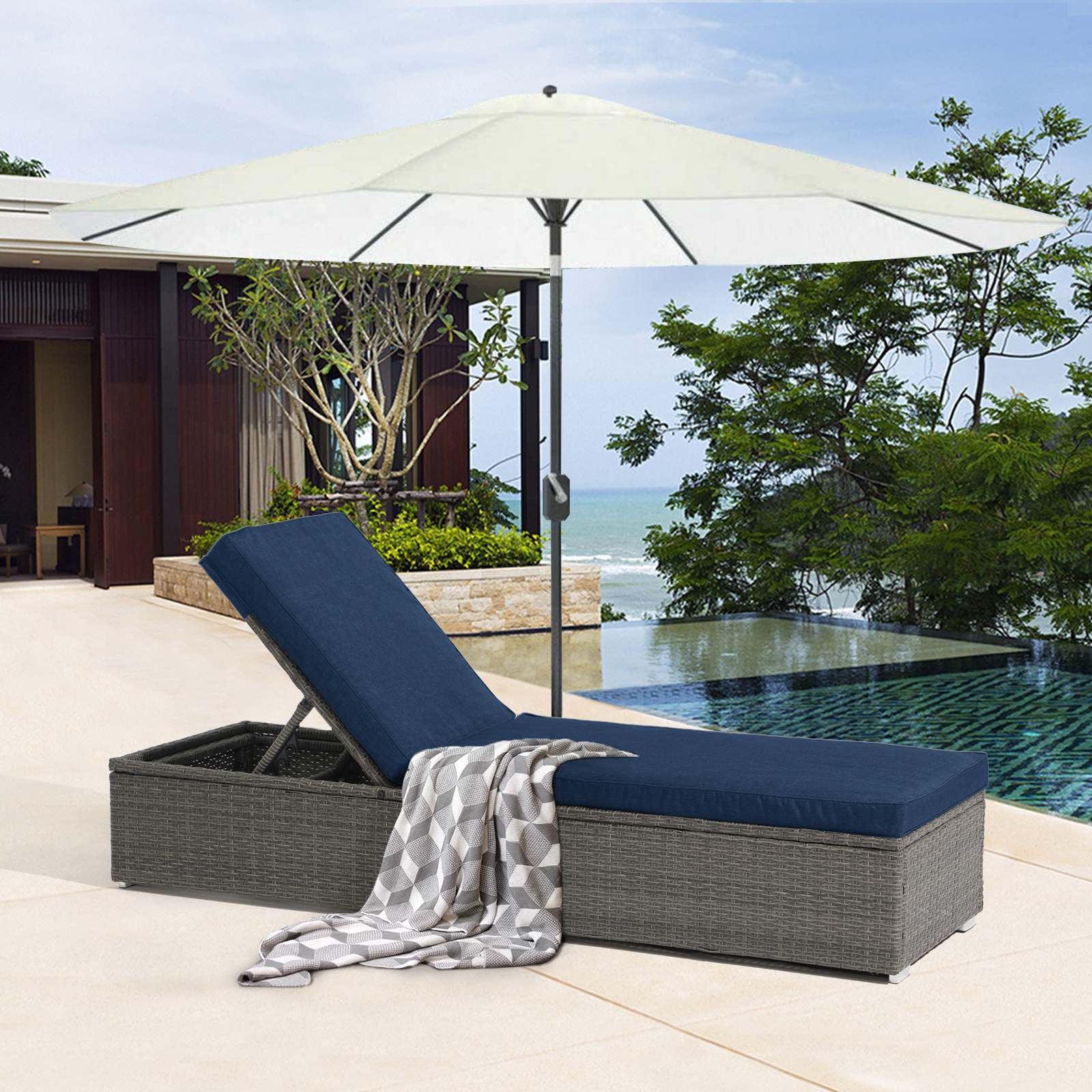 JOIVI Outdoor Chaise Lounge Chair, Patio Reclining Sun Lounger, Gray Wicker Rattan Adjustable Lounge Chair, Steel Frame with Removable Navy Blue Cushions, for Poolside, Deck and Backyard, 1 Pack - image 4 of 8