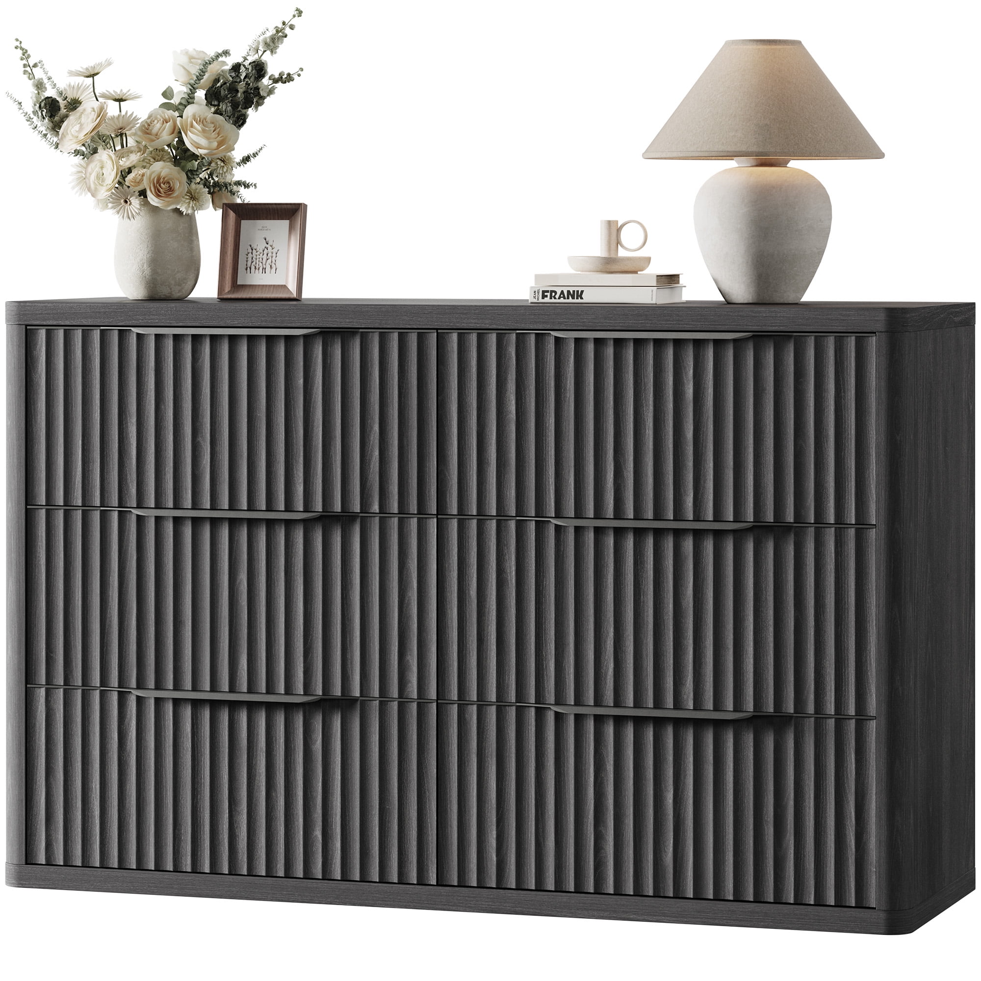 SICOTAS 53.5" Wide 6 Drawer Dresser for Bedroom, Farmhouse Chest of Drawers with Black Handles, Fluted Wood Storage Cabinet for Living Room, Black