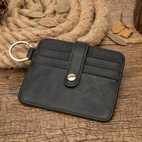 Men’s Slim Genuine Leather Card Holder Wallet with RFID Blocking, Key Ring & 6 Card Slots – Black