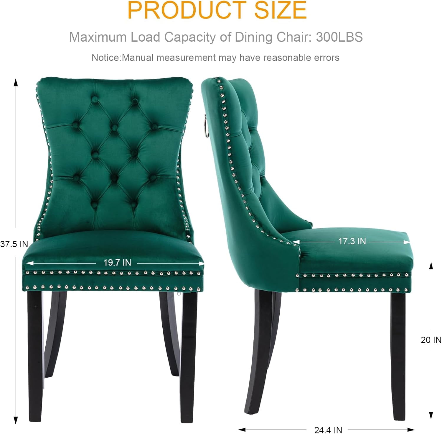 MOONMISS Dining Chairs 2-Pcs Set, High-end Velvet Upholstered Accent Chairs Button Tufted Dining Chairs with Back Ring Pull and Nailhead Trim,Green