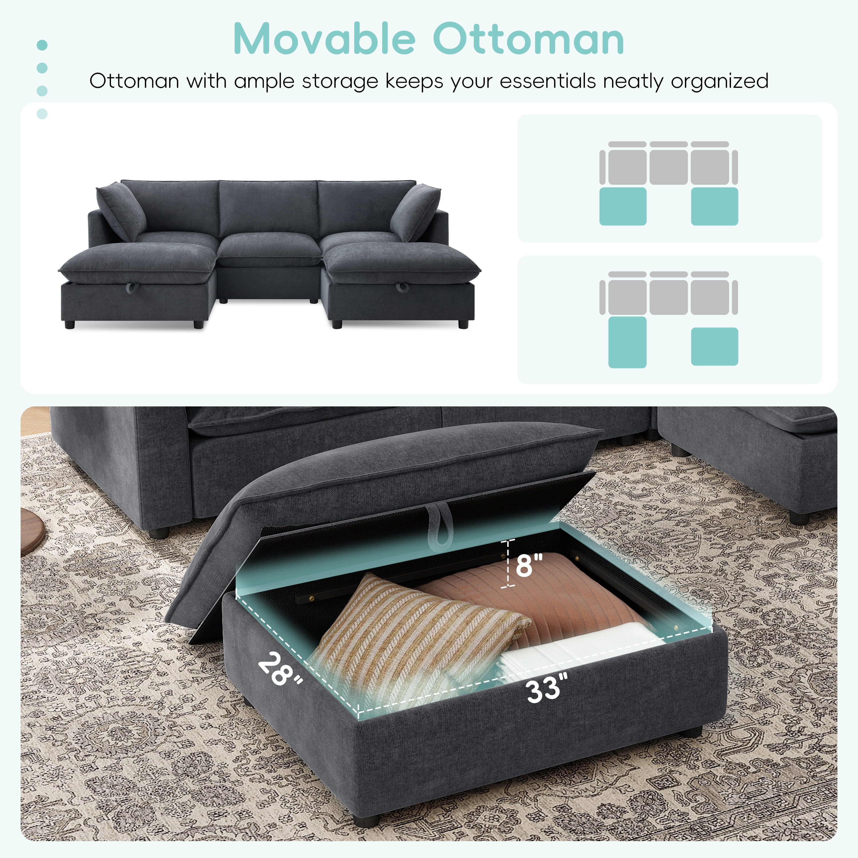 GARITIN Modular Sectional Sofa 98 Inch, U Shaped Cloud Couch with Movable Storage Ottoman and Fold Down Backrest Table, Gray