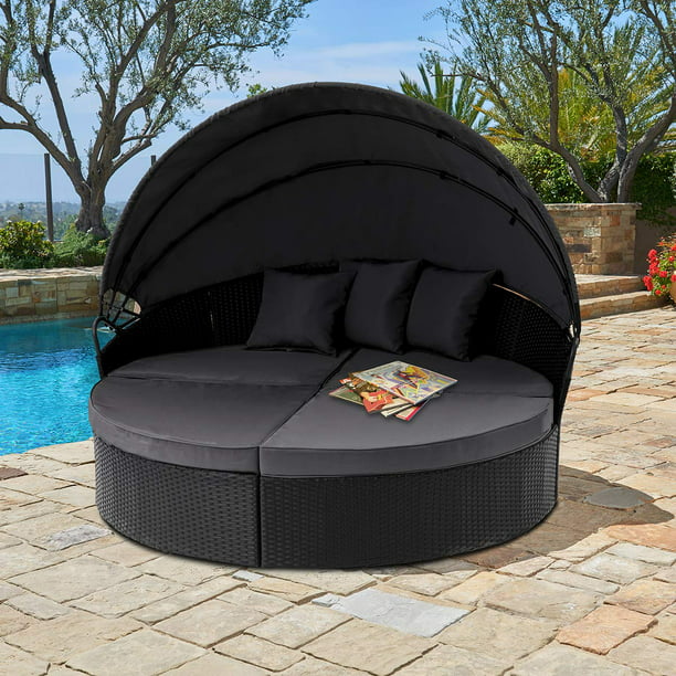 Suncrown Outdoor Patio Round Circular Daybed With Retractable Canopy Black Wicker Furniture Sectional Seating Seat Backyard Porch Pool, Round Outdoor Couch Cushions