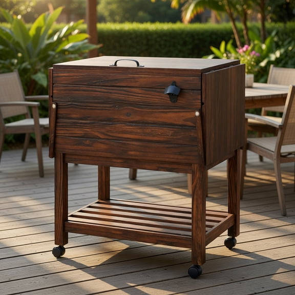 Resenkos 54-Quart Rustic Brown Wooden Rolling Cooler Cart with 3-Layer Insulation, Locking Wheels & Built-in Bottle Opener – Patio, Pool & Garden Ice Chest