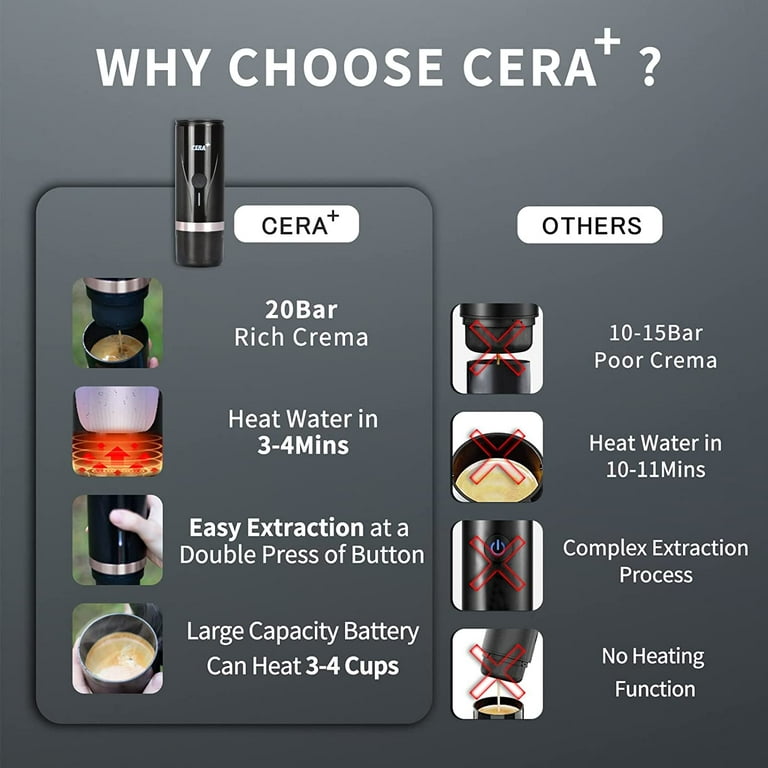 CERA+ Cafetera eléctrica portátil, mini máquina de café expreso recargable  con función de calefacción, 20 bares, compatible con cápsulas NS y café