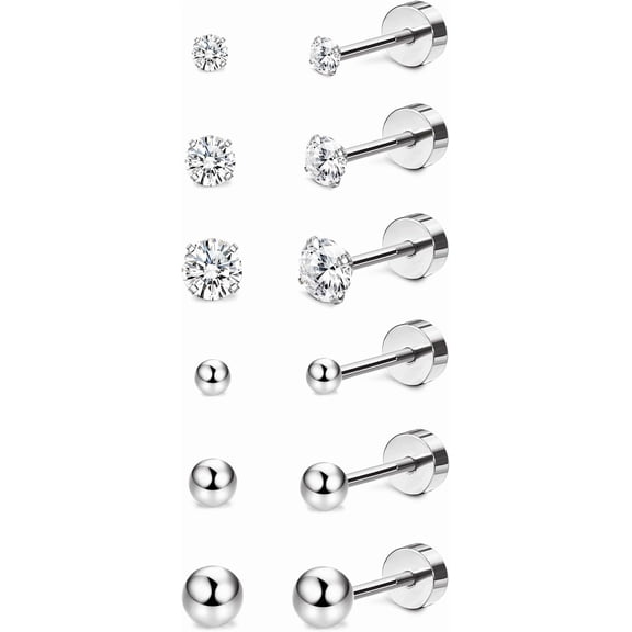 Titanium Cubic Zirconia Ball Flat Back Stud Earrings for Women Men, Hypoallergenic, Small Tiny Silver Stud Earrings, Screw Back, 20G Cartilage Earrings, Helix Piercing Jewelry[p020]