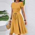 thumbnail image 2 of WTOBBY Women's Solid Color Belted Waist Short Sleeve Round Neck Casual Elegant Minimalist Dress,Ginger M, 2 of 4