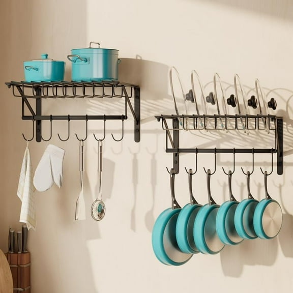 2 Pack Wall Mounted Pot Lid Rack Kitchen Storage Shelf with 12 Upgrade Hooks, x-Cosrack Hanging Pot Lid Organizer for Cookware,Pans,Utensils Organization