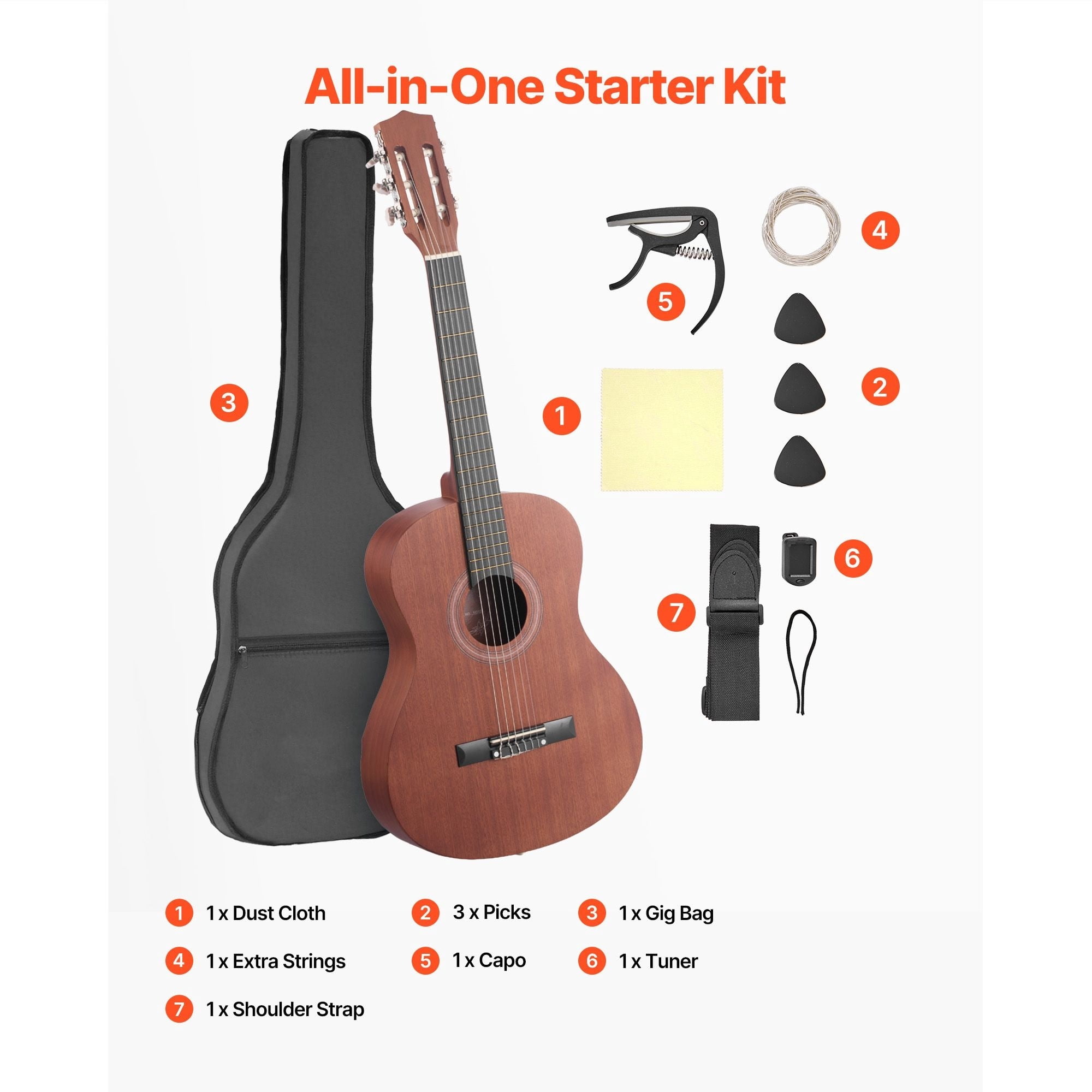 36" Classical Guitar Starter Kit, Nylon Strings, Natural