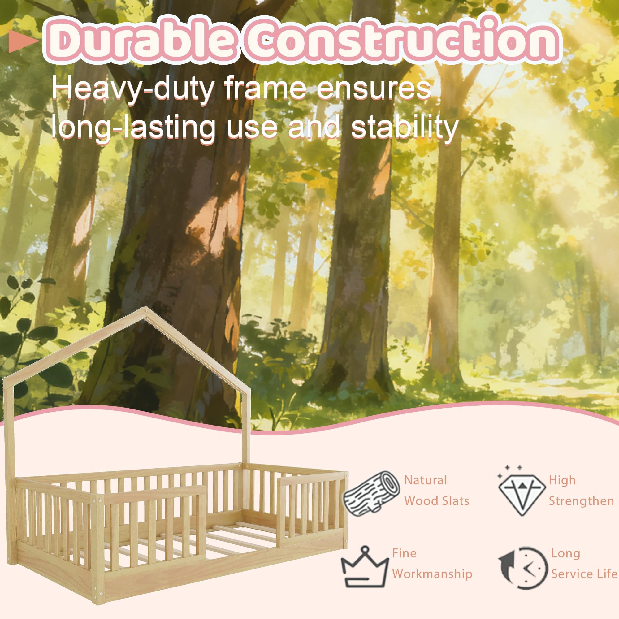 Twin Floor Bed with High Rails, Wooden Montessori Bed Frame with Single Color Light and House Shape Design, Low Profile Beds for Kids, twin bed frames Natural