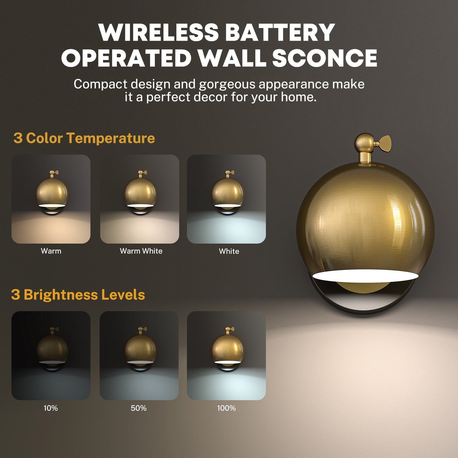 PatioGem Eco Friendly 2-Light LED Gold Bedroom, Living Room Battery Powered Wall Sconces (2 Count)