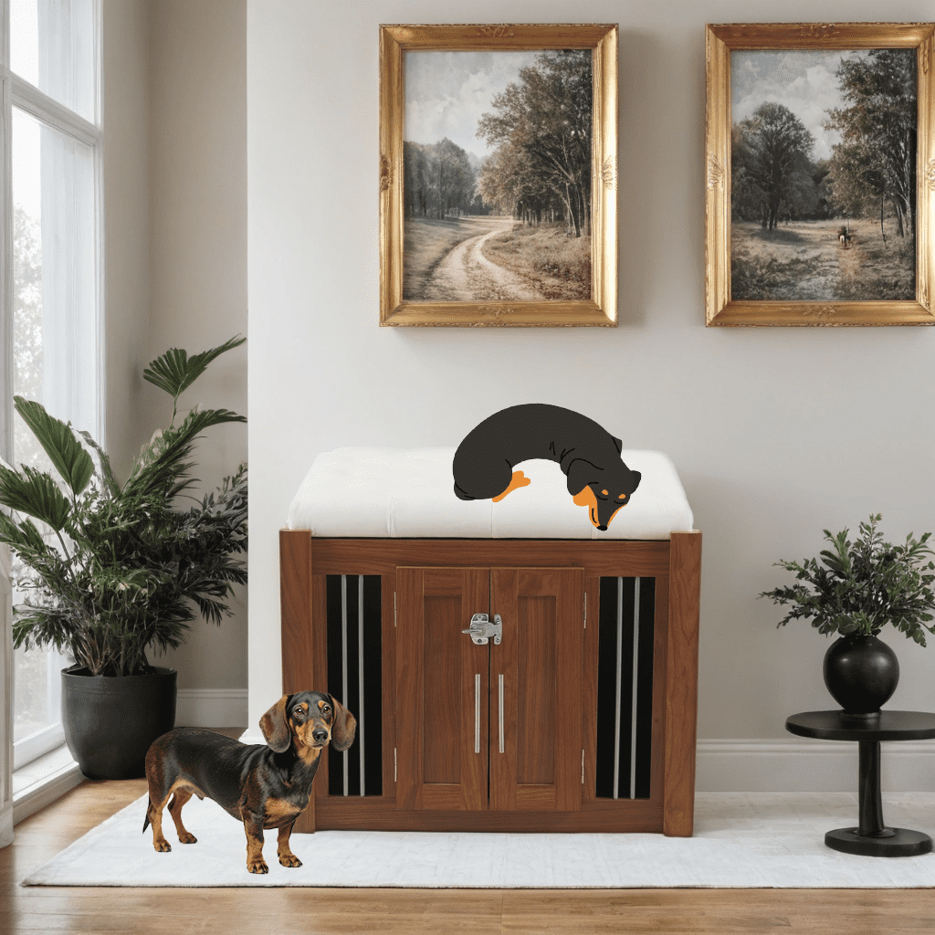 Euroco 30.25"L, Furniture Style 2 in 1 Dog Crate with Padded Seat, Sliding Barn Door, Luxury Wooden Dog Kennel, End of Bed Bench Ottoman with Removable Cushion for Bedroom, Living Room, Walnut