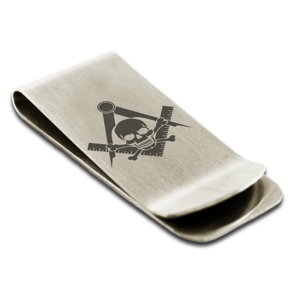 Stainless Steel Freemasons Masonic Skull & Crossbones Engraved Money Clip Credit Card Holder