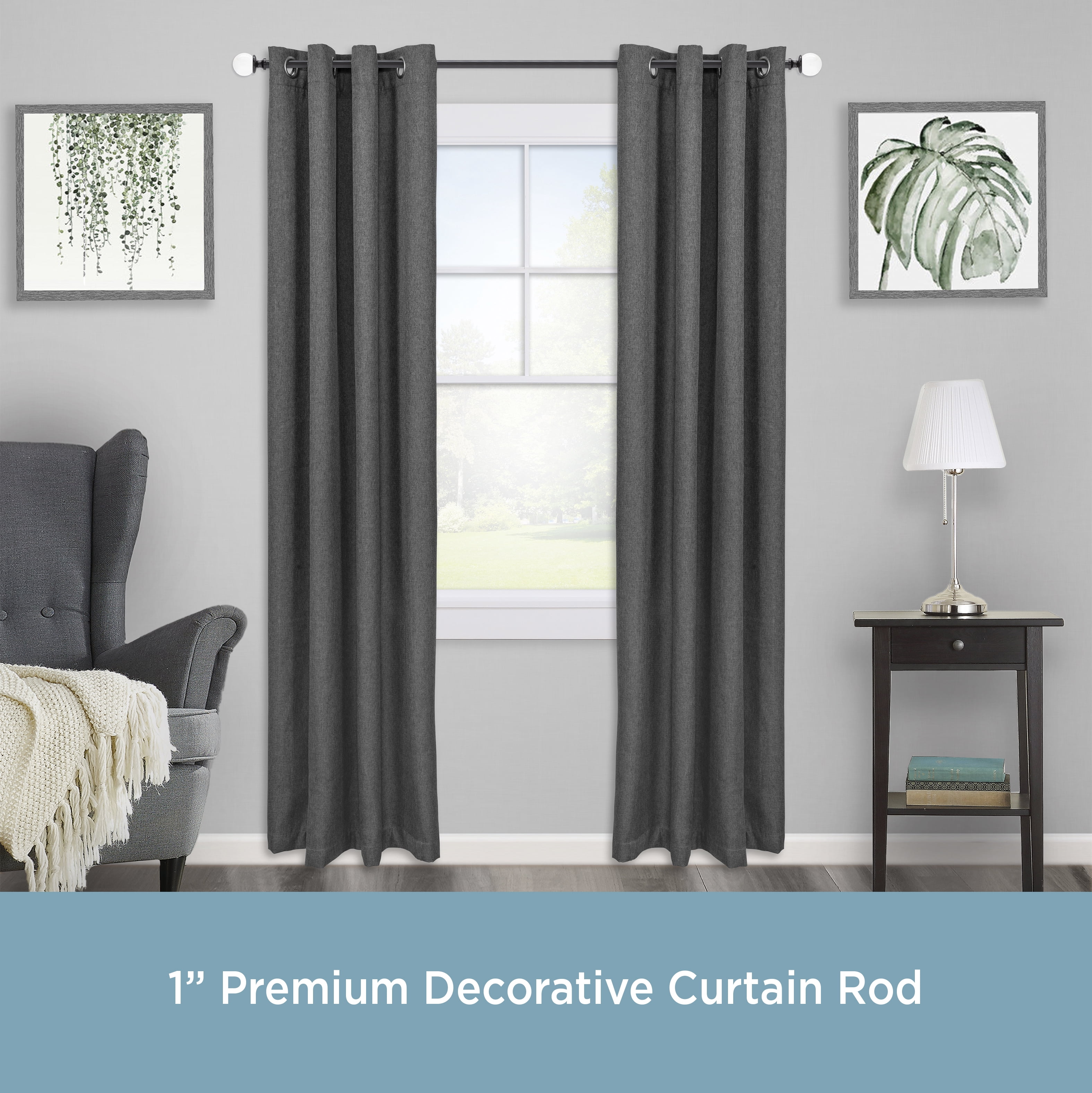 Kenney Clear Ball Premium Steel Decorative Window Curtain Rod, 36-66" Adjustable Length, 1" Dia., Glossy Black