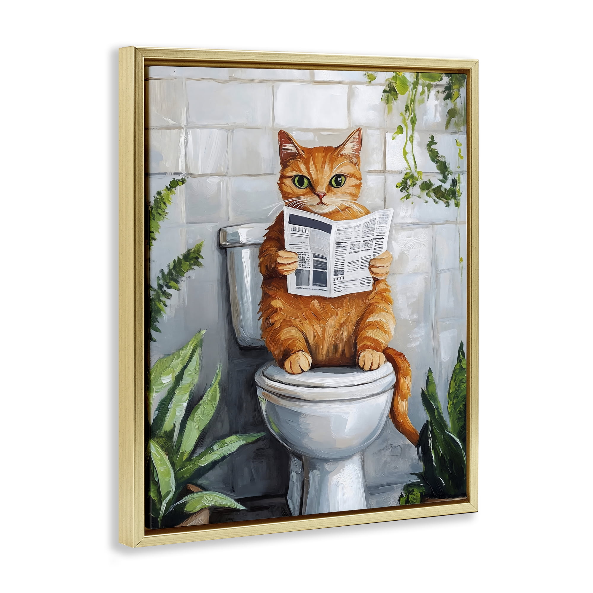 Stupell Industries Orange Cat Reading Paper Gold Framed Floater Canvas Wall Art, design by The Prints Vibe