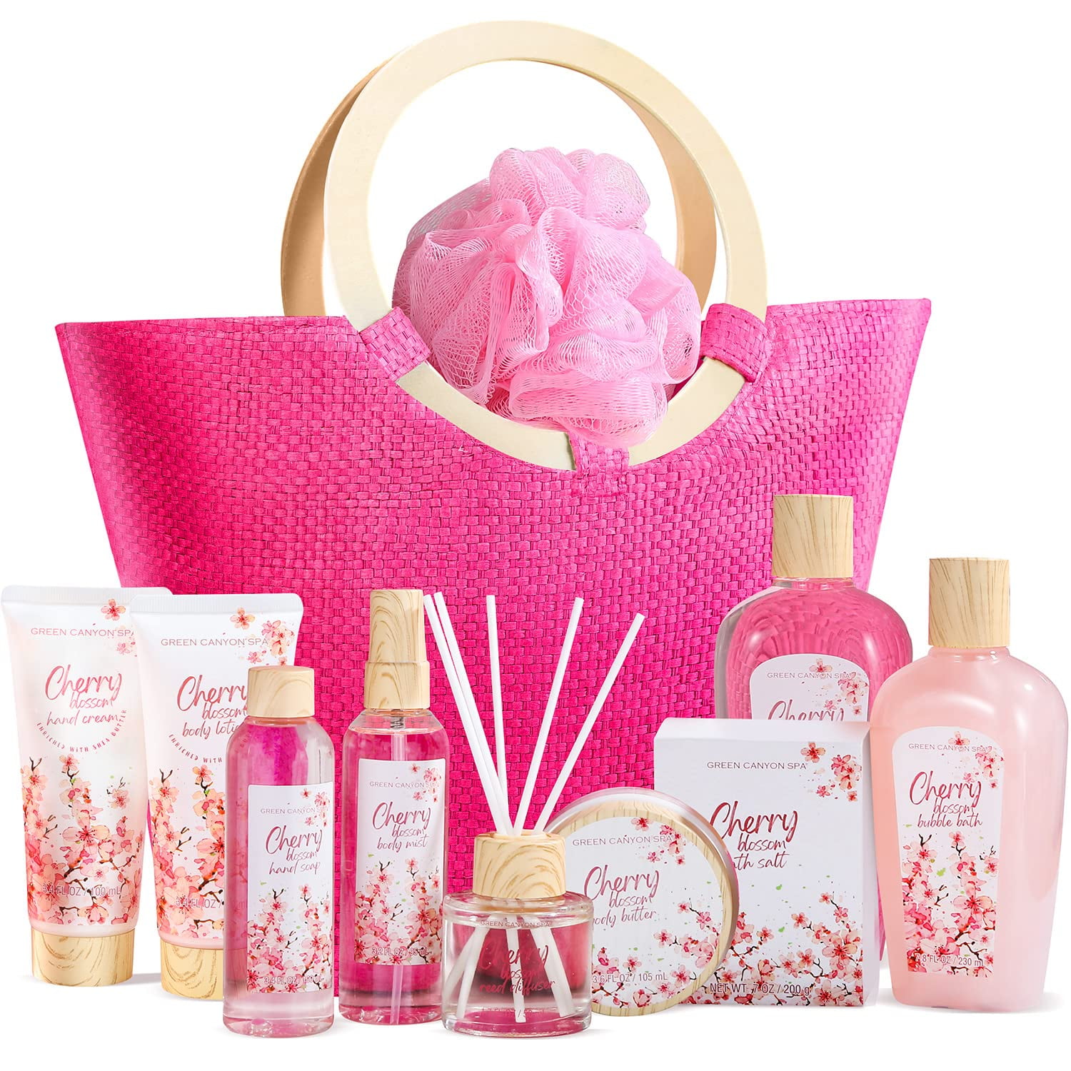 Green Canyon Spa Gift Baskets for Women, 11Pcs Cherry Blossom Bath Sets with Tote Bag, Luxury Birthday Gifts for Her Home Spa Kits