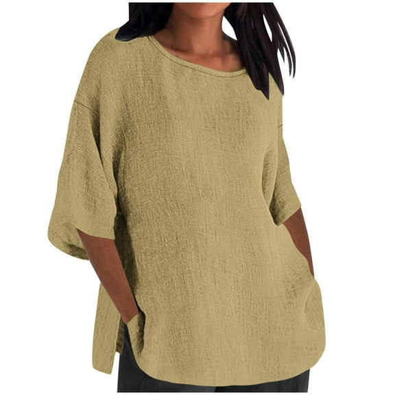 TKLPEHG 3/4 Sleeve Tunic Tops for Women 3/4 Sleeve T Shirts Summer Round Neck Tops Solid Color Lightweight Casual Going Out Tops Loose Blouse(Khaki,XXL)