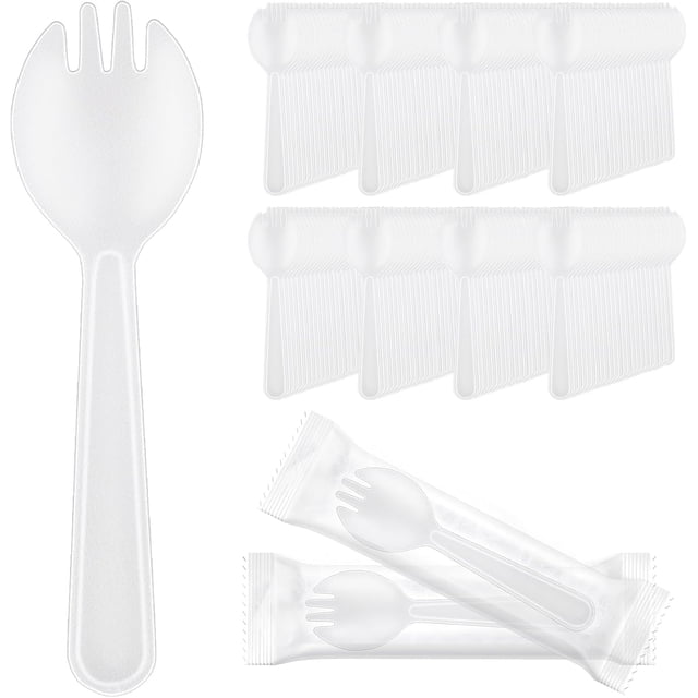 Nvzi 200pcs Disposable Sporks, Heavy Duty Disposable Utensils Silverware Set Individually Wrapped Fork Spoon for Party Wedding Birthday Gathering-Transparent