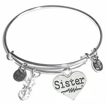 Hidden Hollow Beads "Sister (Heart)" Message Charm Stainless Steel Expandable Wire Bangle Bracelet, comes in a gift box!