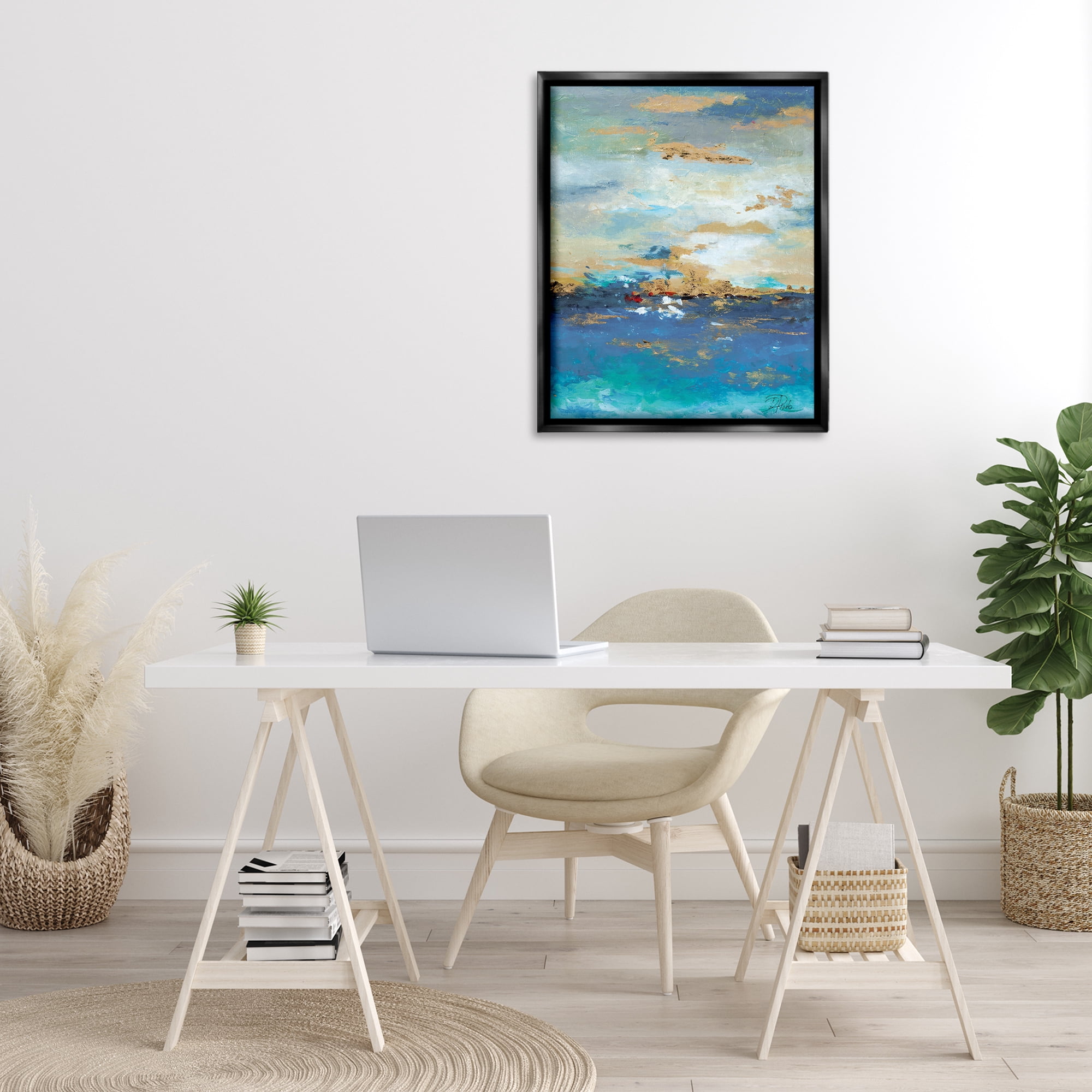 Stupell Industries Ocean View with Tan Accents Abstract Painting Black Floater Framed Canvas Art Print Wall Art, 25 x 31