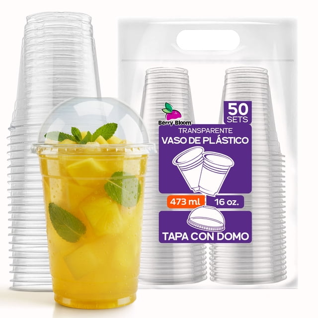 Vasos Berry Bloom con capacidad de 16 oz (473 ml), fabricados en plástico transparente. Incluyen tapa tipo domo.