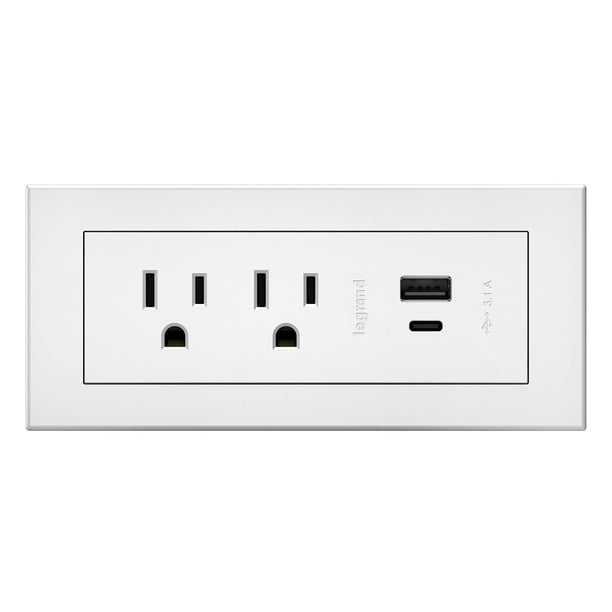 Legrand Wiremold RDZCWH - Centro de energía radiante para muebles con regleta de alimentación empotrada USB, 2 salidas, tipo A/C, cable USB de 6 pies, color blanco