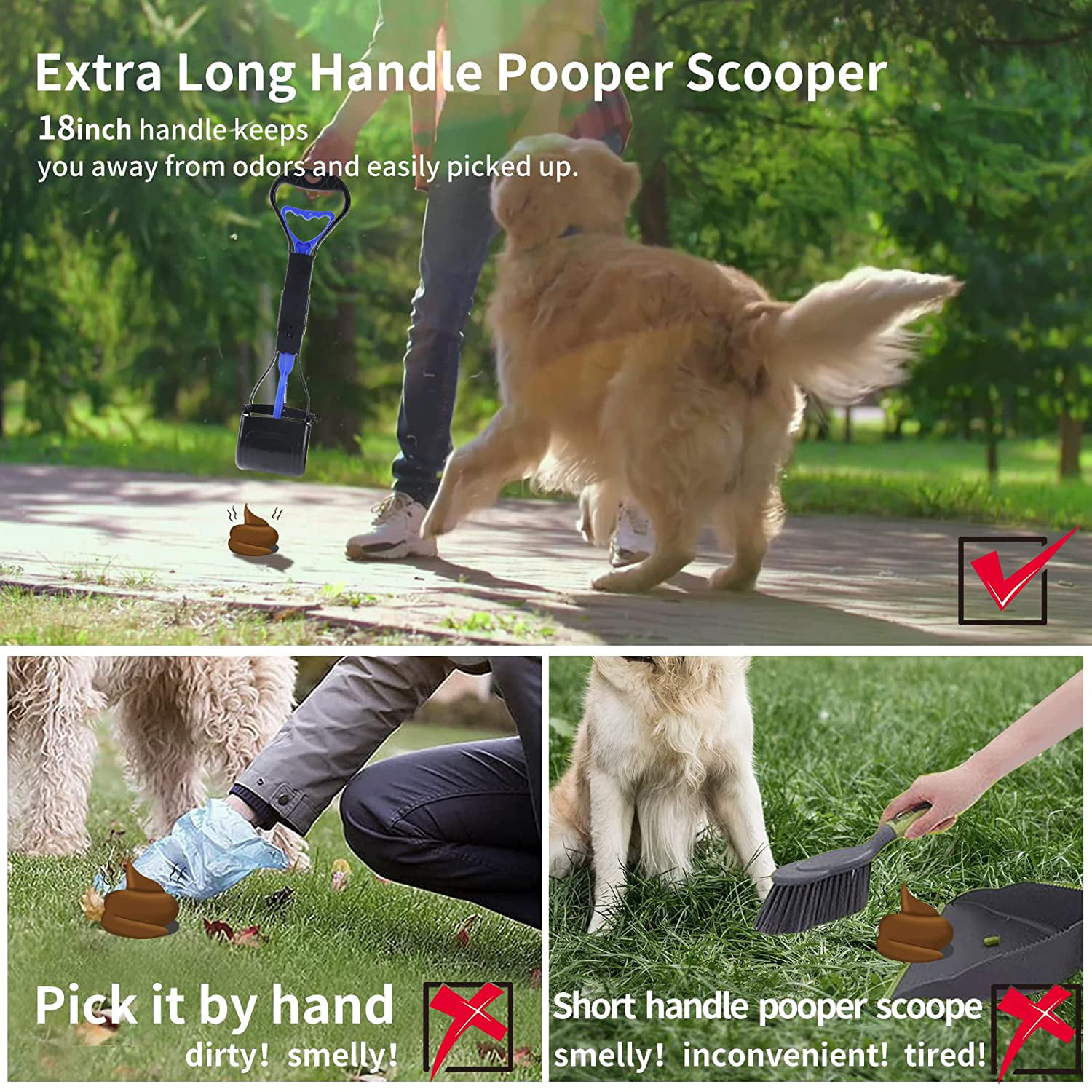 HEAPETBON Pet Pooper Scooper for Dogs and Cats with Long Handle Portable Jaw Poop Scoop for Grass and Gravel Pick Up 
