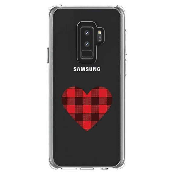 DistinctInk Clear Shockproof Hybrid Case for Samsung Galaxy S9  PLUS (6.2" Screen) - TPU Bumper Acrylic Back Tempered Glass Screen Protector - Buffalo Heart - Red Black Plaid