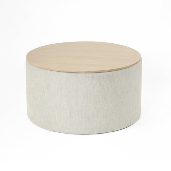 Benjara Mesy Storage Ottoman- 30" Round Lift Tray Top- Light Gray Woven
