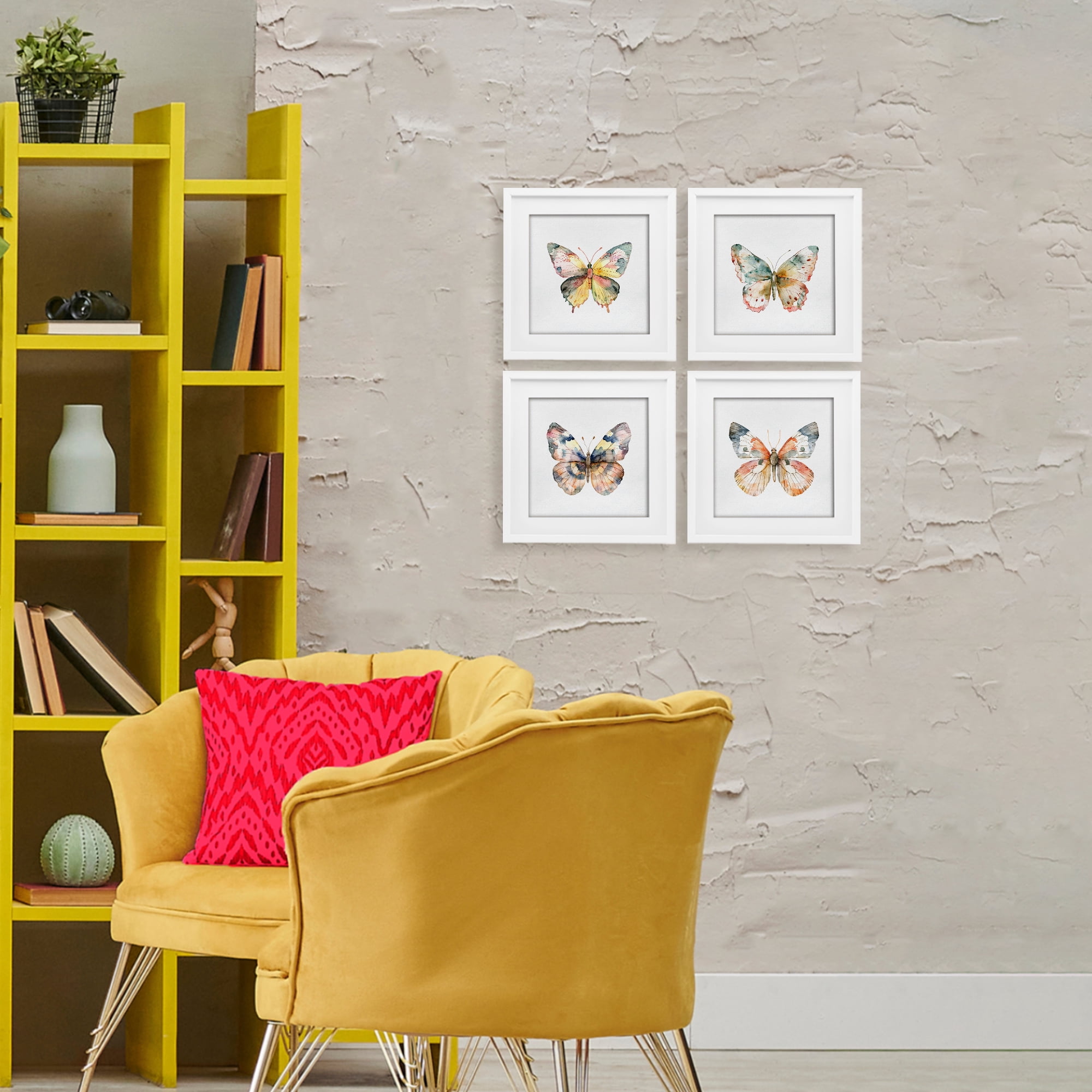 Stupell Industries Watercolor Butterfly Forms 4 Piece White Framed Print Under Glass Set, design by Kim Allen