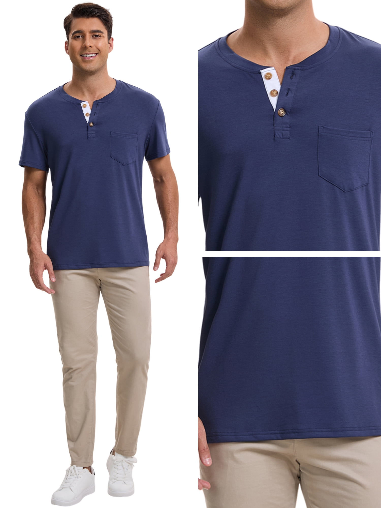 DARING DIVA Men's Casual Summer Short Sleeves Button Henley Basic Tee M Blue