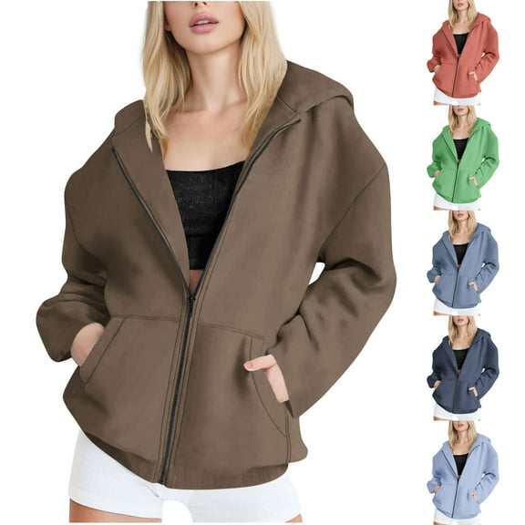 Horkkom Zip Up Hoodie Women Long Sleeve Hooded Sweatshirts Solid Color Casual Jackets Winter Soft Warm Hoodies with Pockets