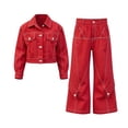 thumbnail image 3 of ATOGUTA Teen Girl Outfits Long Sleeve Jacket and Wide Leg Denim Pants Girls Clothing Sets 2PC Summer Outfits Size 3T-13, Red, 3 of 6