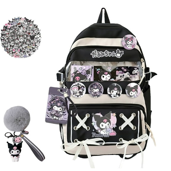 Kuromi Backpack Cute Daypack Bag Cartoon Shoulders Bags with 50 Pcs Stickers and 1 Pcs Keychains