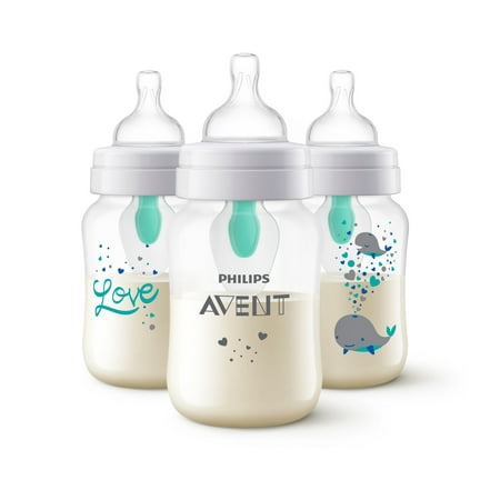 Philips Avent Anti-colic Baby Bottle with AirFree Vent with Whale Design, 9oz, 3pk, SCY703/77