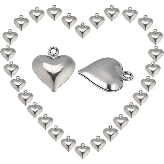 1 Box 100Pcs Heart Charms Hearts Stainless Steel Love Charm Bulk 3D Metal Beads Mother's Day Pendants for Jewelry Making DIY Gifts Bracelets Necklaces Crafts Supplies Silver DIY