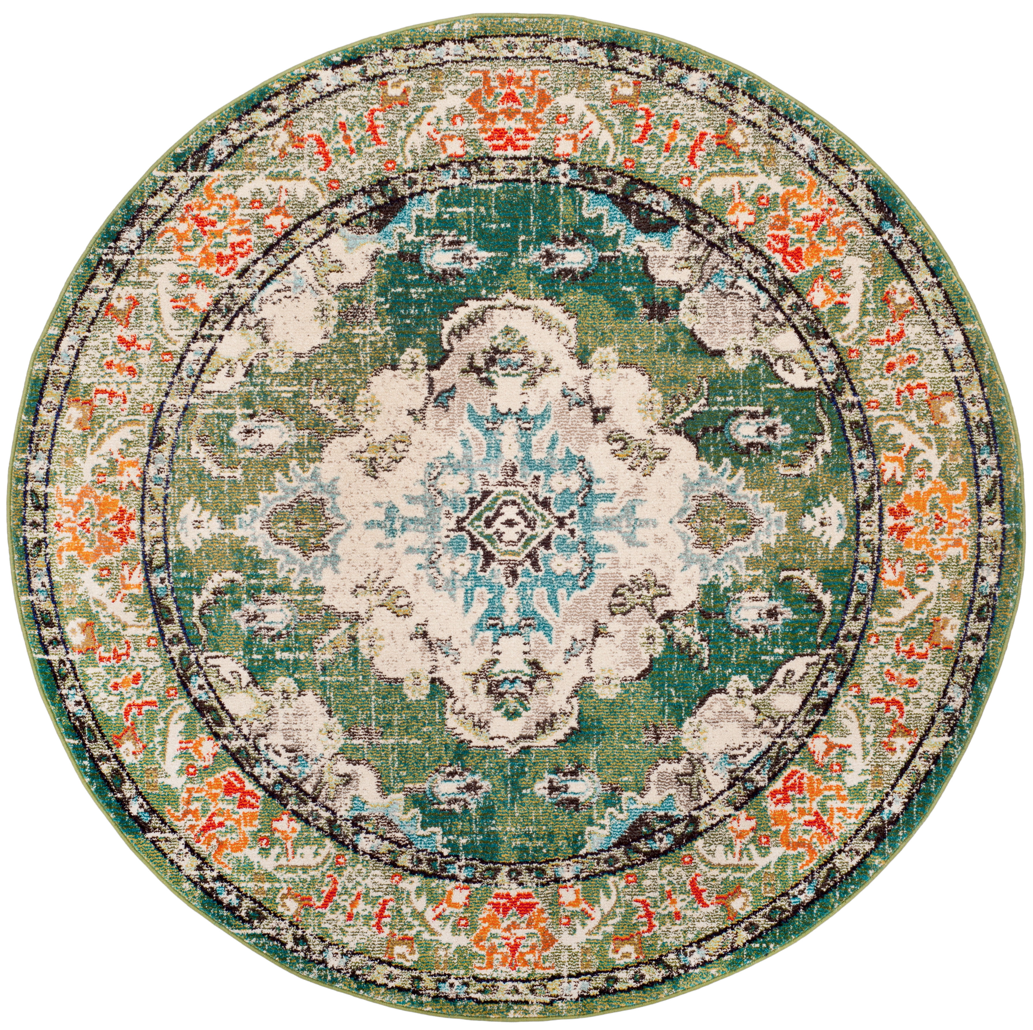 SAFAVIEH Round Rug 8' - Monaco Collection - Traditional Design, Forest Green & Light Blue, Ideal for Living Room, Bedroom, Dining Space