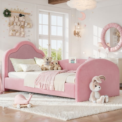 Twin Size Upholstered Kids Floor Bed with Curved Headboard, Safety Side Rails and Storage Pocket, Pink