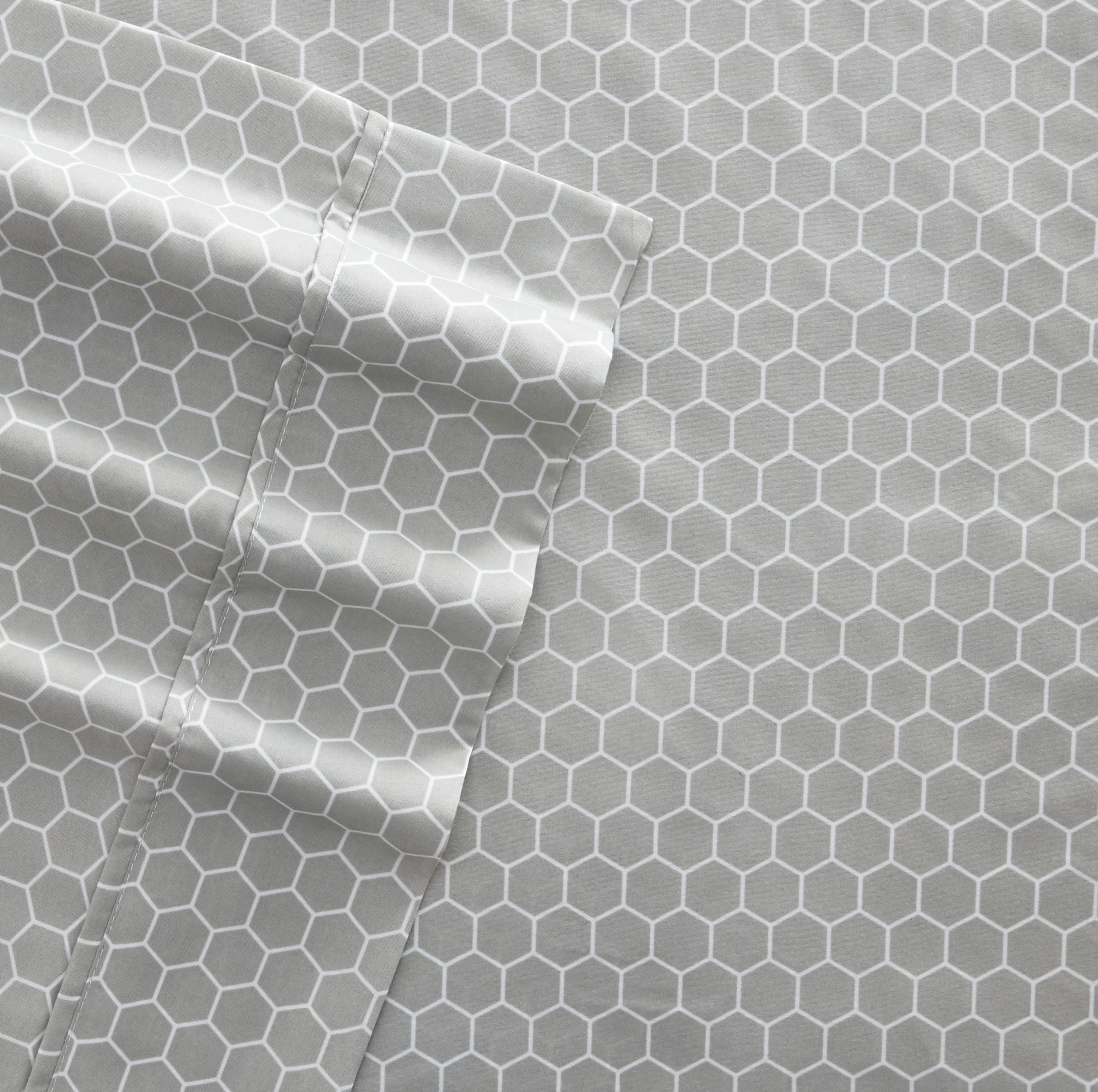 Noble Linens 4 Piece Pattern Microfiber Bed Sheets Set, Light Gray Honeycomb, Full