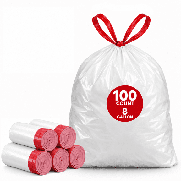 8 Gallon Trash Bags, 100 Count, White Garbage Bags with Red Drawstrings for 6-10 Gallon Cans, Kitchen, Office, Bedroom, Bathroom