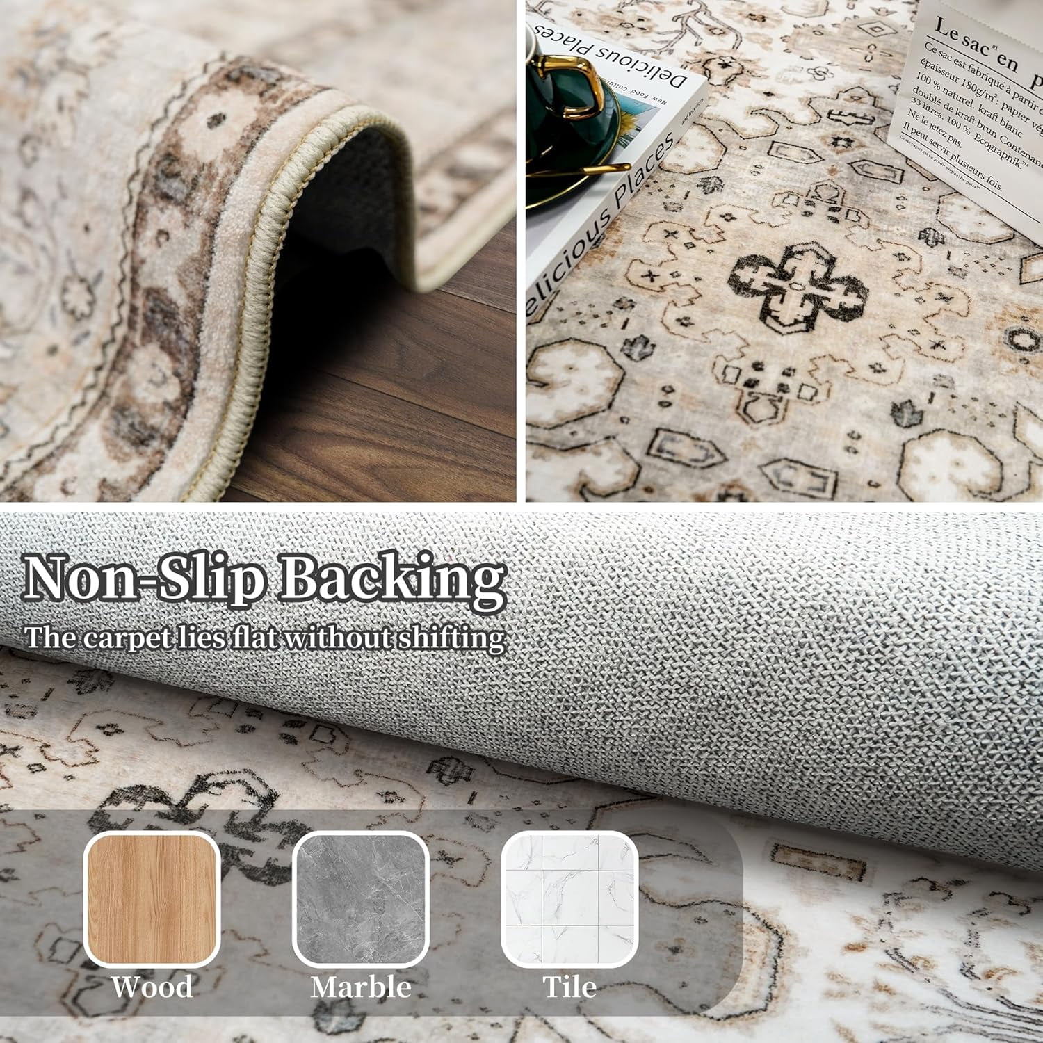 YOUFORTONG 4x5 Washable Entryway Area Rug, Non-Slip Oriental Farmhouse Low Pile Stain Resistant Thin Front Door Mat for Bathroom Kitchen,Ivory