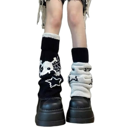 

Women Autumn Knit Foot Cover Gothic Star Skull Jacquard Flared Leg Warmer Socks
