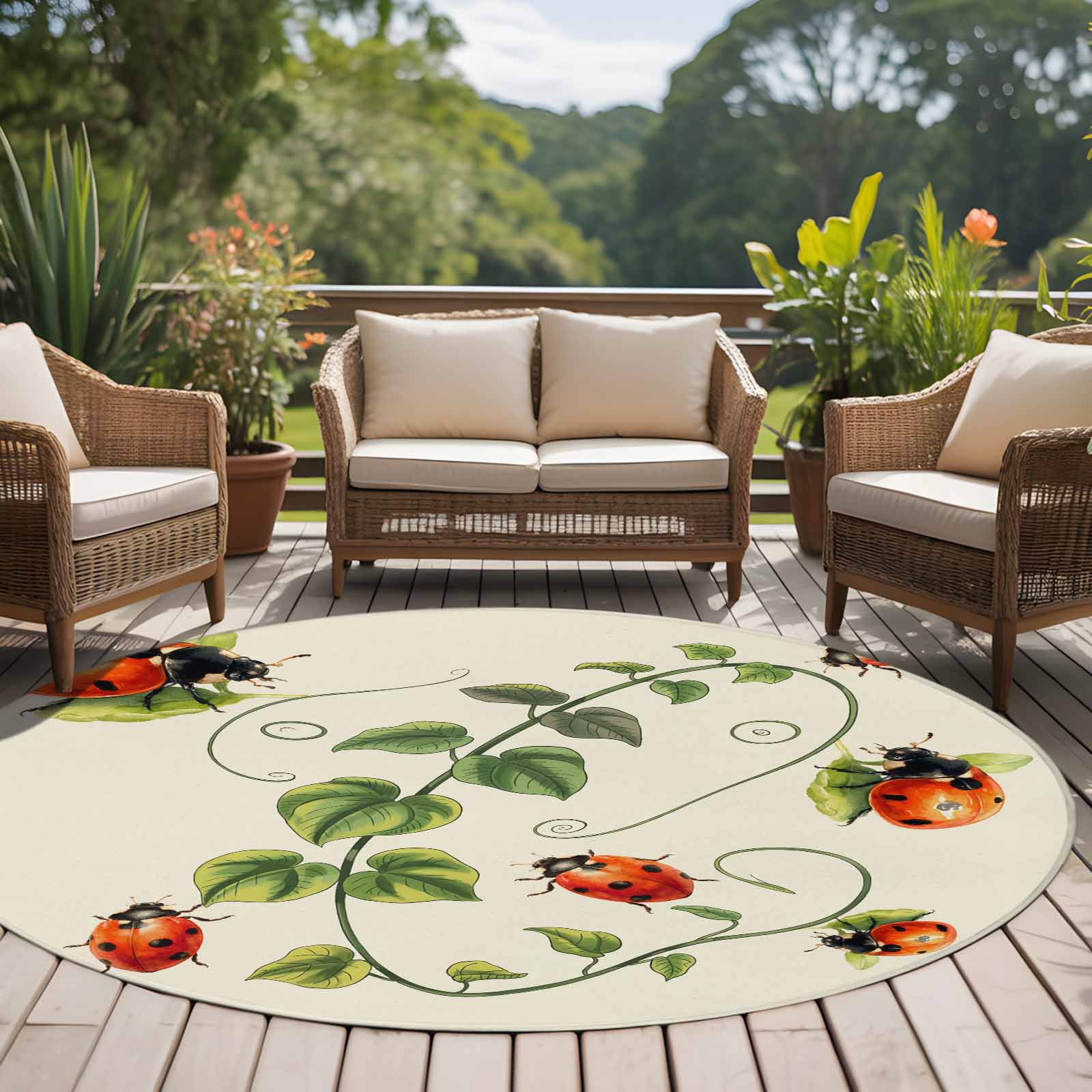 Ladybugs Eucalyptus Round Area Rug 5Ft Washable Circle Rugs for Living Room Bedroom, Spring Botanical Leaves Green Non-Slip Carpet Floor Mats Indoor Outdoor Carpet Runner Aesthetic Home Decor