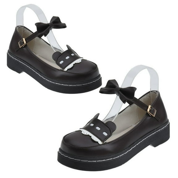 Japanese Faux Shoes Sweet Bowknot Heel Platform Round Toe Ankle Strap Cartoon Shoes