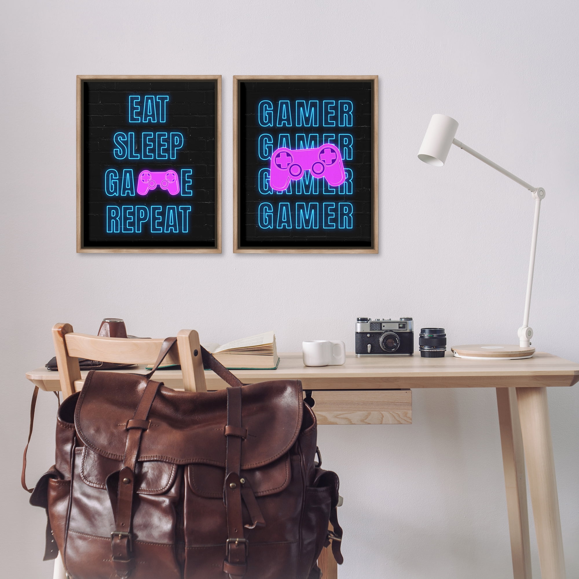 Stupell Industries Neon Gamer Eat Sleep Entertainment Painting Brown Floater Framed Canvas Art Print Wall Art, 17 x 21, Set of 2