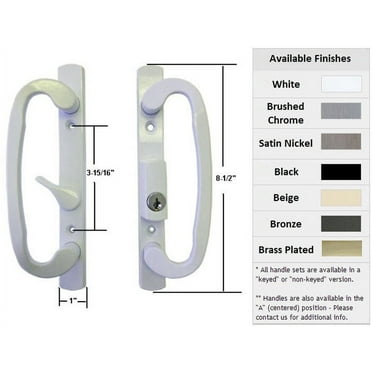 Sliding Glass Patio Door Handle Set, Mortise Type, B-Position, Latch Lever is Off-Centered, Keyed, White, 3-15/16" Screw Holes