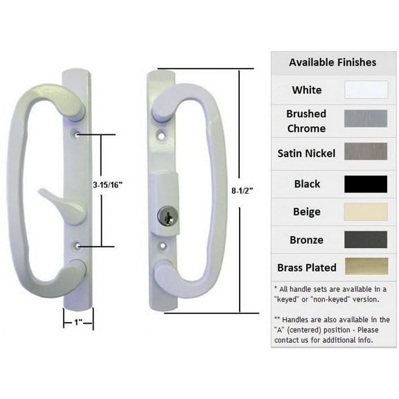 Sliding Glass Patio Door Handle Set, Mortise Type, B-Position, Latch Lever is Off-Centered, Keyed, White, 3-15/16" Screw Holes