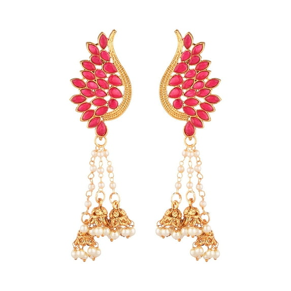 Efulgenz Indian Jewelry Bollywood Gold Tone Crystal Tassel Jhumki Leaf Dangle Earrings Set for Women, Pink