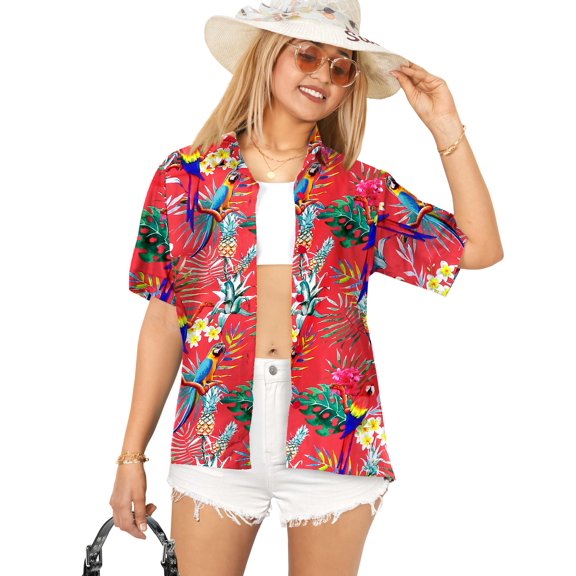 LA LEELA Hawaiian Shirts Womens Casual Beach Party Short Sleeve Tropical Vacation Tops Blouse Shirt Summer Dress Shirts Blouses for Women S Parrots, Red