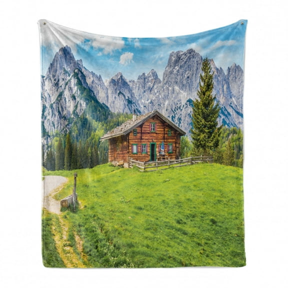 Alps Soft Flannel Fleece Throw Blanket, Wooden House on Mountain Valley Meadow Swiss Hiking Panorama, Cozy Plush for Indoor and Outdoor Use, 60" x 80", Lime Green Purple Grey, by Ambesonne