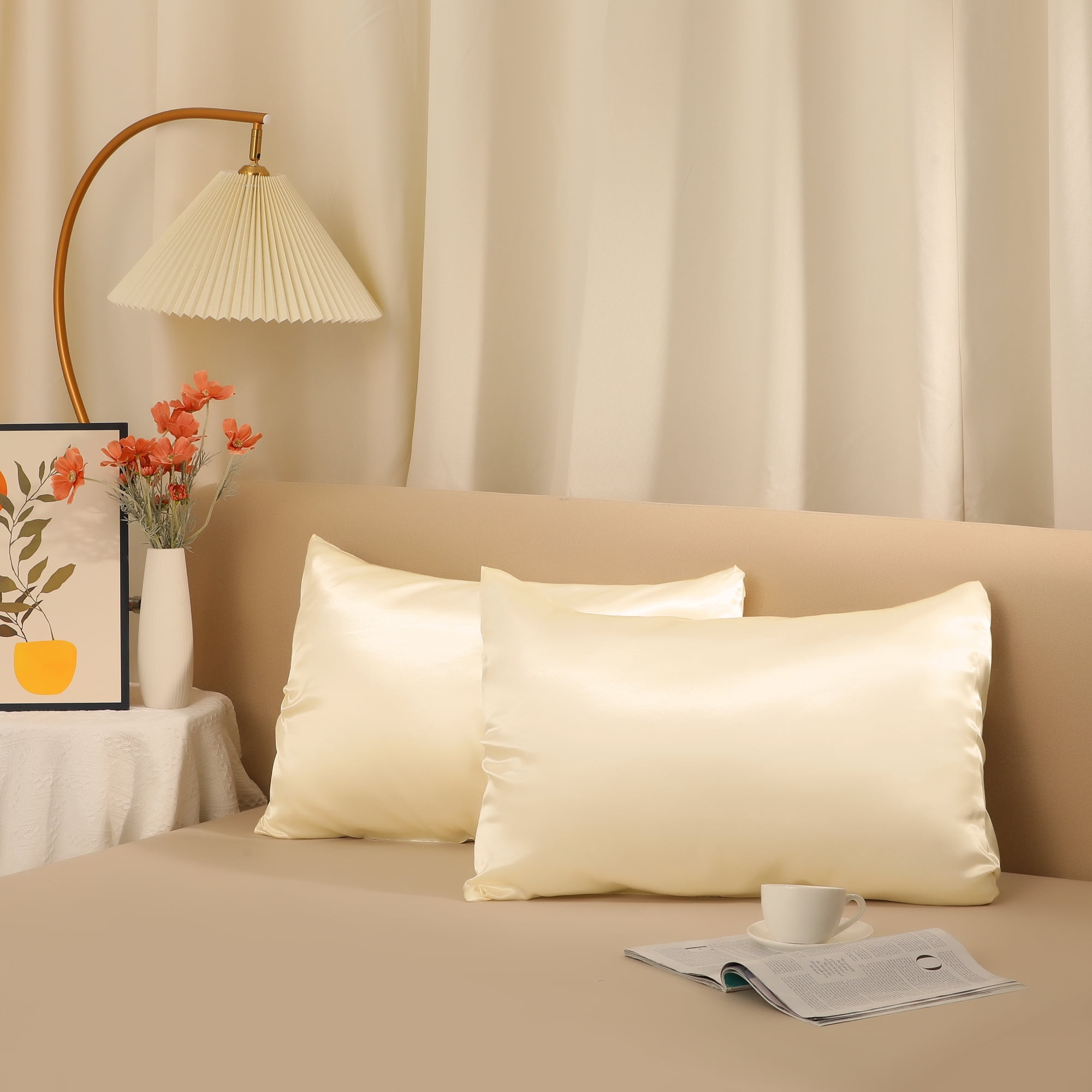 Unique Bargains Soft and Durable Envelope Closure Satin Pillowcase (2 Count) Beige Queen